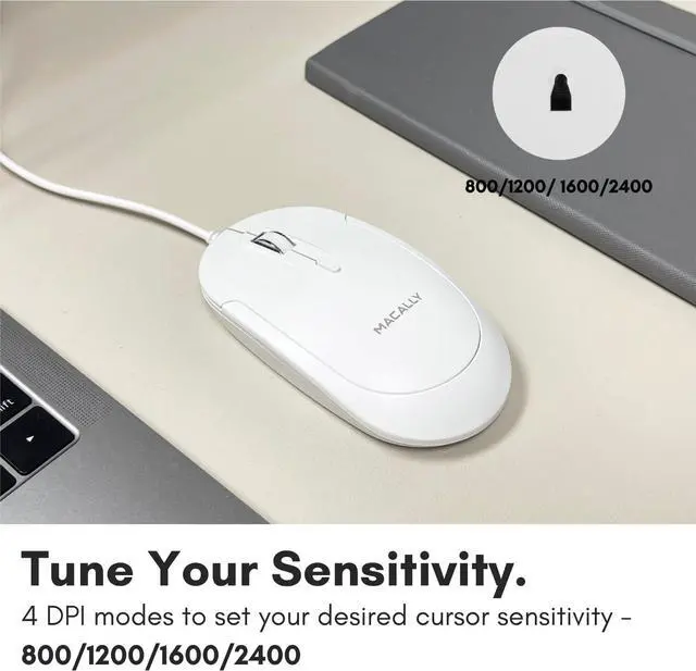 Alt view image 4 of 6 - Macally Wired USB C Mouse for Mac and PC - Slim, Quiet, and Reliable - 3 Button Layout, Scroll Wheel, and 4 DPI Mode (800/1200/1600/2400) Type C Mouse for MacBook Pro/Air, iMac, Laptop