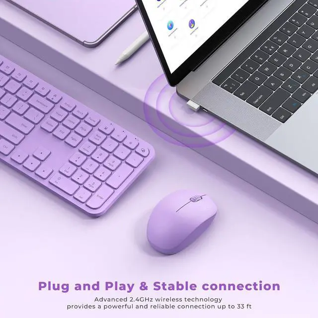 Alt view image 2 of 6 - Wireless Keyboard and Mouse Combo - seenda Full Size 2.4G USB Wireless Keyboard Mouse Set, Quiet Cordless Computer Keyboard Mouse for Windows, Laptop, PC - Purple