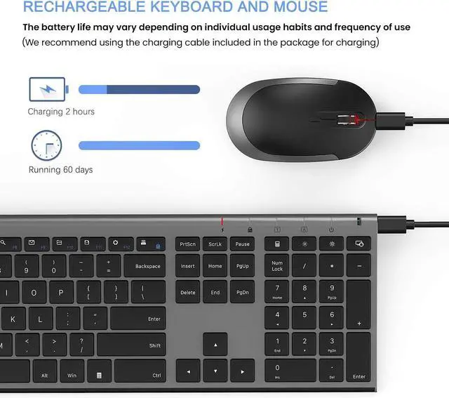 Alt view image 2 of 7 - Wireless Keyboard and Mouse, Vssoplor Rechargeable Quiet Full-Size Keyboard and Mouse Combo Set Ultra Slim Design for Laptop, PC, Notebook, Desktop-Dark Gray