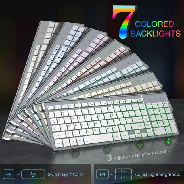 Alt view image 2 of 7 - J JOYACCESS Wireless Keyboard and Mouse Combo with 7 Backlit Options,Quiet Light Up Keys,Type-C Rechargeable,Sleep Mode-2.4G Slient Portable Cordless Combo for Laptop/PC/Computer/Mac(White+Sliver)