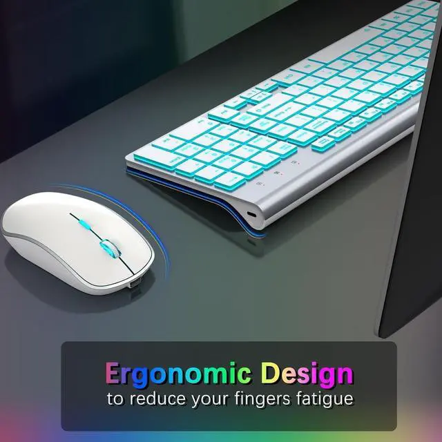 Alt view image 4 of 7 - J JOYACCESS Wireless Keyboard and Mouse Combo with 7 Backlit Options,Quiet Light Up Keys,Type-C Rechargeable,Sleep Mode-2.4G Slient Portable Cordless Combo for Laptop/PC/Computer/Mac(White+Sliver)