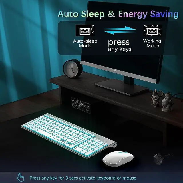 Alt view image 6 of 7 - J JOYACCESS Wireless Keyboard and Mouse Combo with 7 Backlit Options,Quiet Light Up Keys,Type-C Rechargeable,Sleep Mode-2.4G Slient Portable Cordless Combo for Laptop/PC/Computer/Mac(White+Sliver)