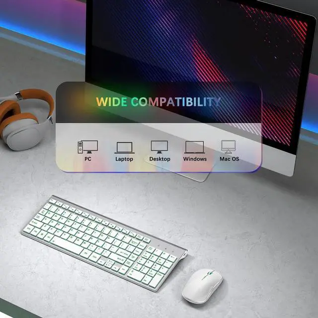 Alt view image 7 of 7 - J JOYACCESS Wireless Keyboard and Mouse Combo with 7 Backlit Options,Quiet Light Up Keys,Type-C Rechargeable,Sleep Mode-2.4G Slient Portable Cordless Combo for Laptop/PC/Computer/Mac(White+Sliver)