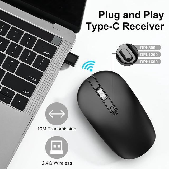 Alt view image 2 of 7 - cimetech Type C Wireless Mouse, USB C Mouse 2.4G Silent Cordless Mice with Type C Receiver, Portable Computer Mouse for Laptop, Notebook, MacBook Pro Air, Windows, Linux - Ambidextrous Black