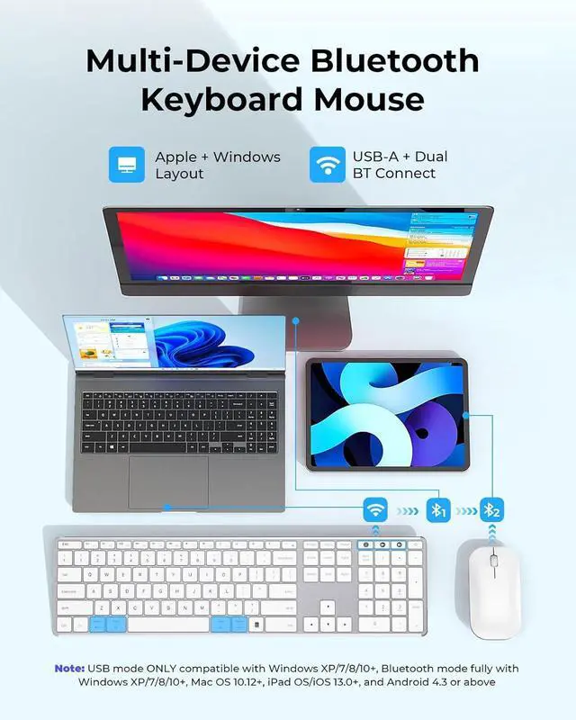 Alt view image 2 of 7 - Wireless Bluetooth Keyboard and Mouse Combo (USB + Dual BT), seenda Multi-Device Rechargeable Slim Keyboard and Mouse, Compatible for Win 7/8/10, MacBook Pro/Air, iPad, Tablet - White Silver
