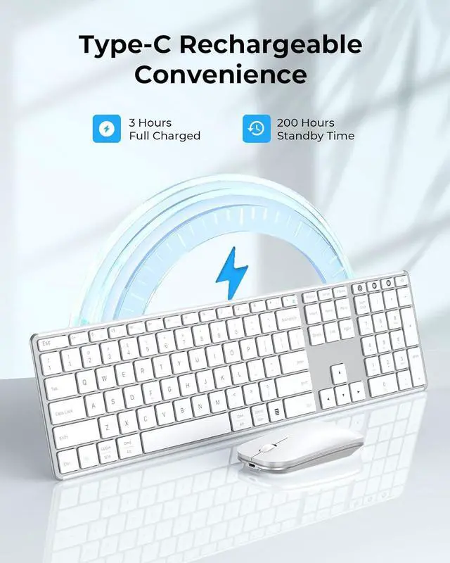 Alt view image 3 of 7 - Wireless Bluetooth Keyboard and Mouse Combo (USB + Dual BT), seenda Multi-Device Rechargeable Slim Keyboard and Mouse, Compatible for Win 7/8/10, MacBook Pro/Air, iPad, Tablet - White Silver