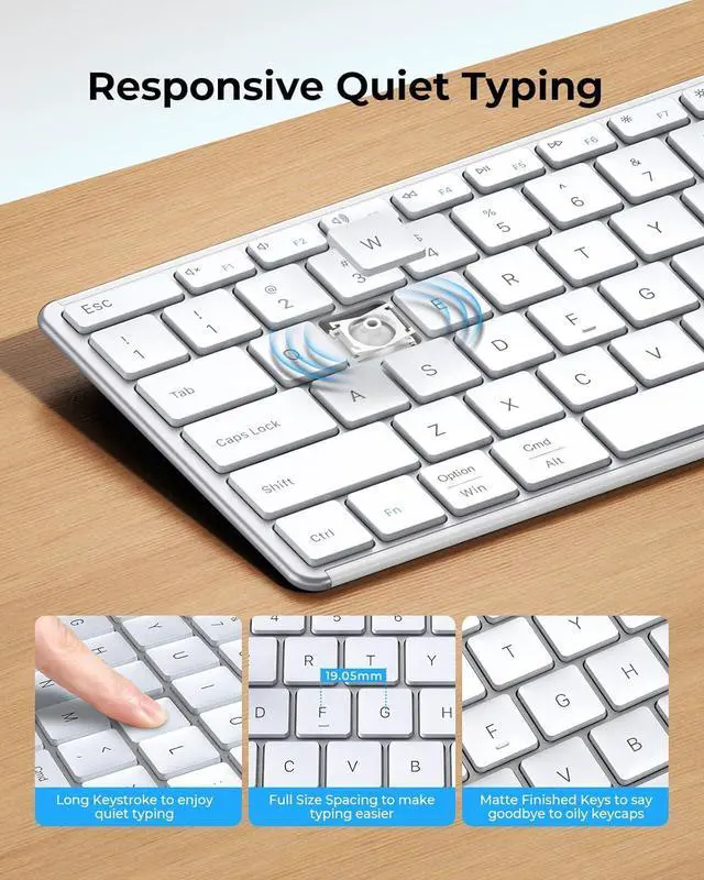 Alt view image 4 of 7 - Wireless Bluetooth Keyboard and Mouse Combo (USB + Dual BT), seenda Multi-Device Rechargeable Slim Keyboard and Mouse, Compatible for Win 7/8/10, MacBook Pro/Air, iPad, Tablet - White Silver