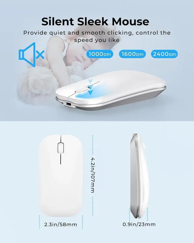 Alt view image 5 of 7 - Wireless Bluetooth Keyboard and Mouse Combo (USB + Dual BT), seenda Multi-Device Rechargeable Slim Keyboard and Mouse, Compatible for Win 7/8/10, MacBook Pro/Air, iPad, Tablet - White Silver