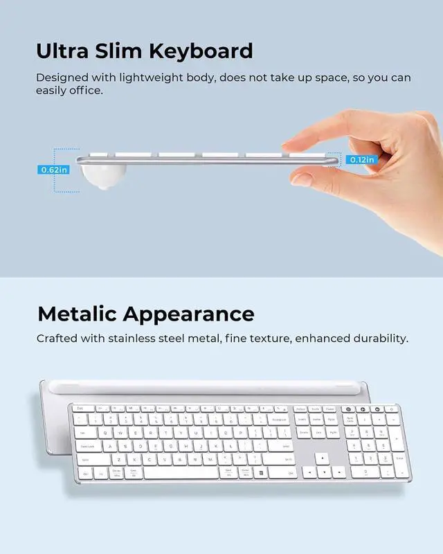 Alt view image 6 of 7 - Wireless Bluetooth Keyboard and Mouse Combo (USB + Dual BT), seenda Multi-Device Rechargeable Slim Keyboard and Mouse, Compatible for Win 7/8/10, MacBook Pro/Air, iPad, Tablet - White Silver