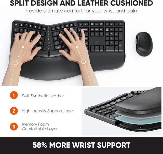 Alt view image 2 of 7 - Ergonomic Wireless Keyboard and Mouse, Ergo Keyboard with Vertical Mouse, Split Cushioned Wrist Palm Rest, Natural Typing, Rechargeable, Full Size, Windows/Mac/Computer/Laptop, Black DirectorC