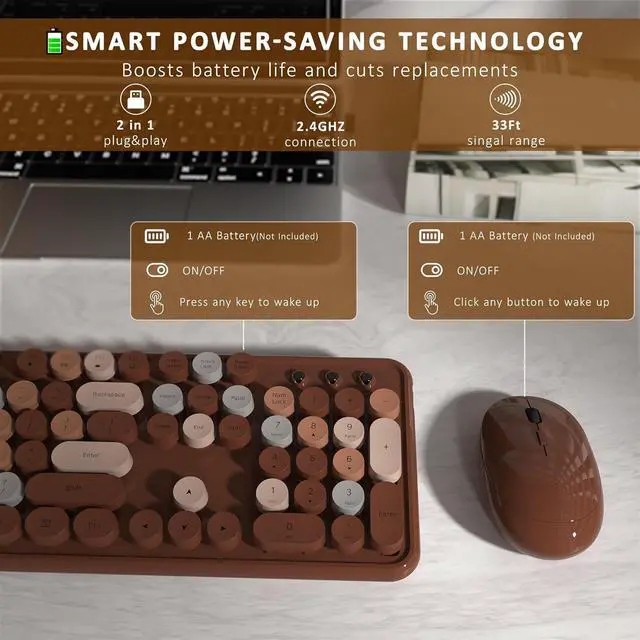 Alt view image 5 of 7 - Links9+ Colorful Wireless Keyboard and Mouse Combo (Coffee Colorful) | Full-Size Retro Typewriter Style Keyboard with Vintage Round Keycaps, 2.4G Wireless Set for Windows, Mac, Laptop, PC, Desktop