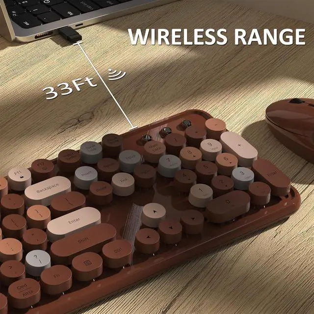 Alt view image 7 of 7 - Links9+ Colorful Wireless Keyboard and Mouse Combo (Coffee Colorful) | Full-Size Retro Typewriter Style Keyboard with Vintage Round Keycaps, 2.4G Wireless Set for Windows, Mac, Laptop, PC, Desktop
