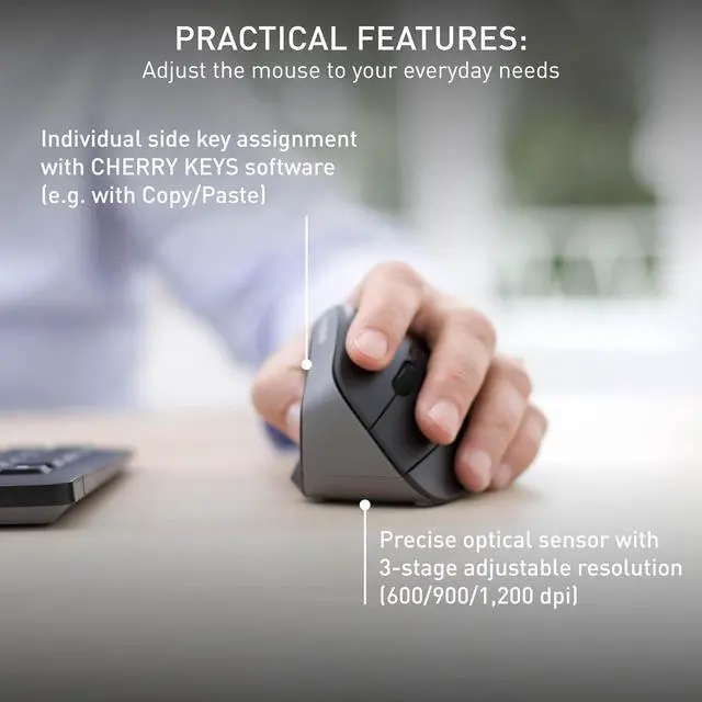 Alt view image 6 of 7 - Cherry MW 4500 - Ergonomic Wireless Mouse - Left-Handed - 1200 dpi - Thumb Buttons - Extra Small Nano Receiver, Black (JW-4550)