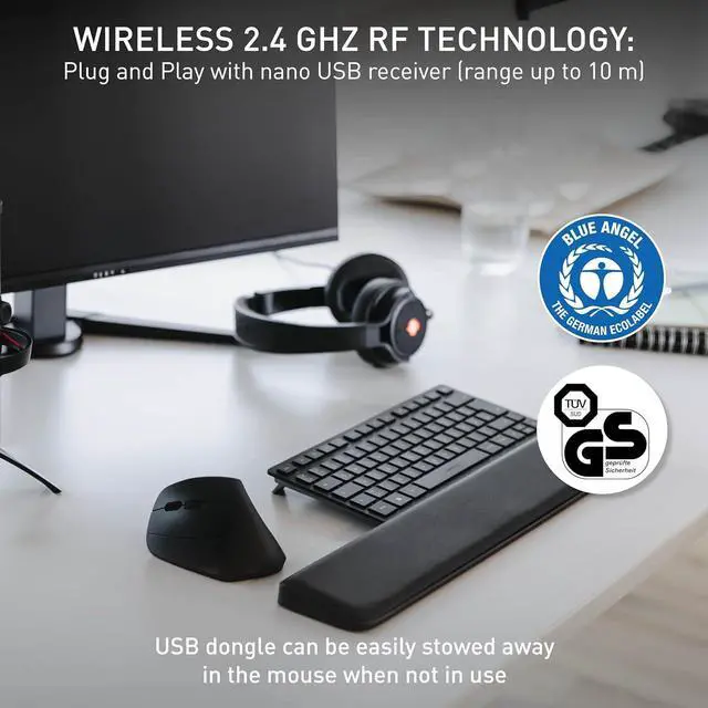 Alt view image 7 of 7 - Cherry MW 4500 - Ergonomic Wireless Mouse - Left-Handed - 1200 dpi - Thumb Buttons - Extra Small Nano Receiver, Black (JW-4550)