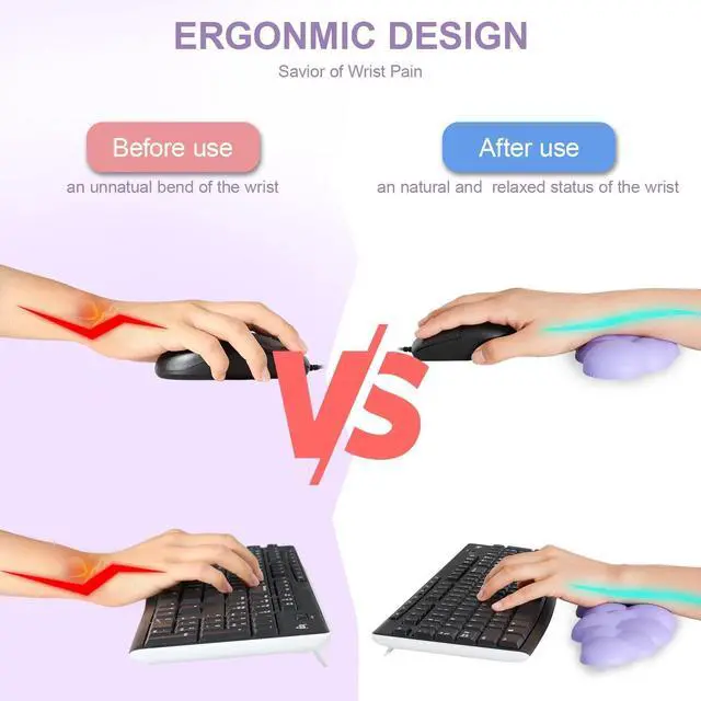 Alt view image 2 of 7 - Keyboard Cloud Wrist Rest 2PCS, High Density Memory Foam Keyboard Palm Rest, Ergonomic Keyboard Pad Wrist Support for Pain Relief, Mouse Pad Rest Support for Office/Computer/Laptop/Gaming/Mac,Purple