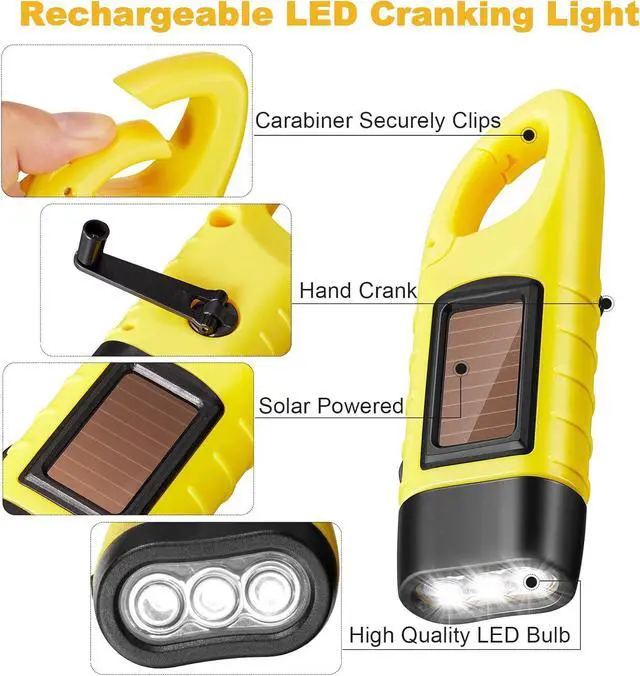 Alt view image 4 of 6 - Mudder 4 Pack Hand Crank Solar Powered Flashlight Emergency Rechargeable LED Flashlight Survival Gear Self Powered Charging Torch for Hiking Backpack Outdoor Sports Camping(Yellow, Black)
