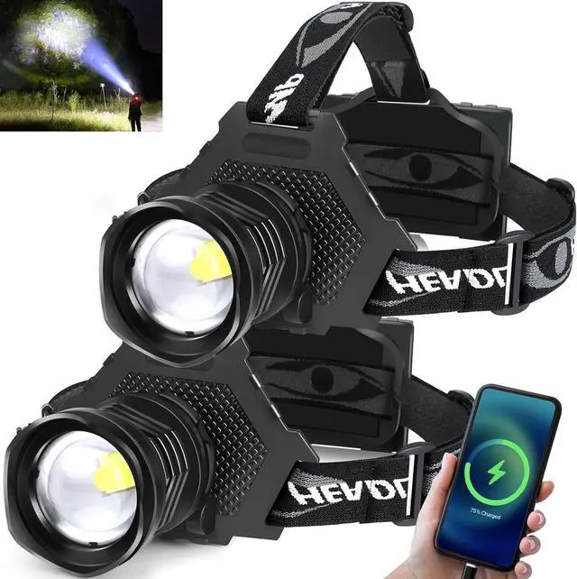 Main image of Rechargeable LED Headlamp 1080 Lumen, Super Bright Head Lamp Flashlight with 5 Lighting Modes, IPX6 Waterproof, Zoomable Headlight for Camping, Hiking, Fishing, Biking, Running (2 Pack)