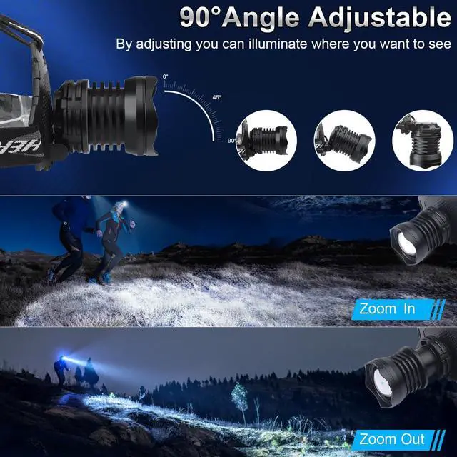 Alt view image 2 of 7 - Rechargeable LED Headlamp 1080 Lumen, Super Bright Head Lamp Flashlight with 5 Lighting Modes, IPX6 Waterproof, Zoomable Headlight for Camping, Hiking, Fishing, Biking, Running (2 Pack)