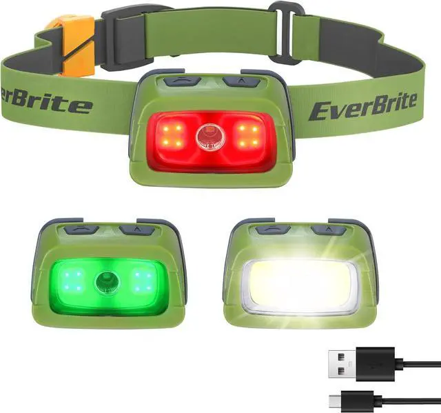 Main image of EverBrite Rechargeable Headlamp 350 Lumens, Red Green White Light & Tail Light, 7 Modes with Memory Function, Stepless Dimming, 30° Adjustable Head Lamp for Trail Running, Camping, Hunting