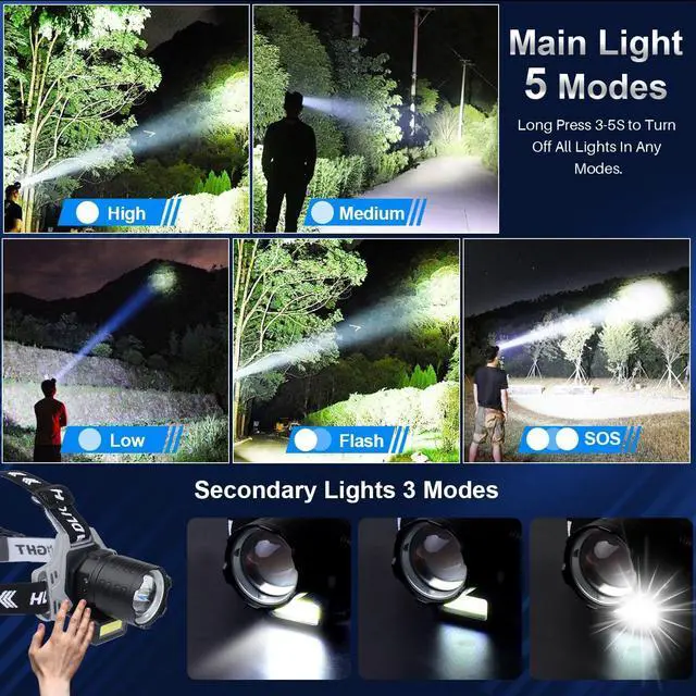 Alt view image 2 of 7 - Rechargeable LED Headlamp 6000 Lumens Super Bright Headlamp Flashlight with Motion Sensor 8 Modes 135°Adjustable IPX7 Waterproof Head Lamp for Camping Running Climbing Hiking