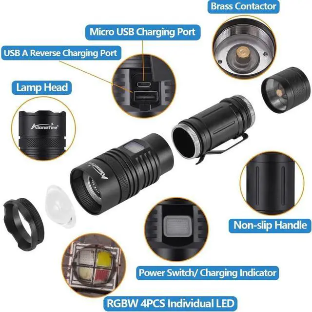 Alt view image 2 of 7 - ALONEFIRE X37 Multicolor LED Flashlight 4 Color Change White Blue Green Red Light RGB USB Rechargeable Zoom Waterproof with Reverse Charging, Rechargeable Battery for Tracking Deer Hunting Fishing