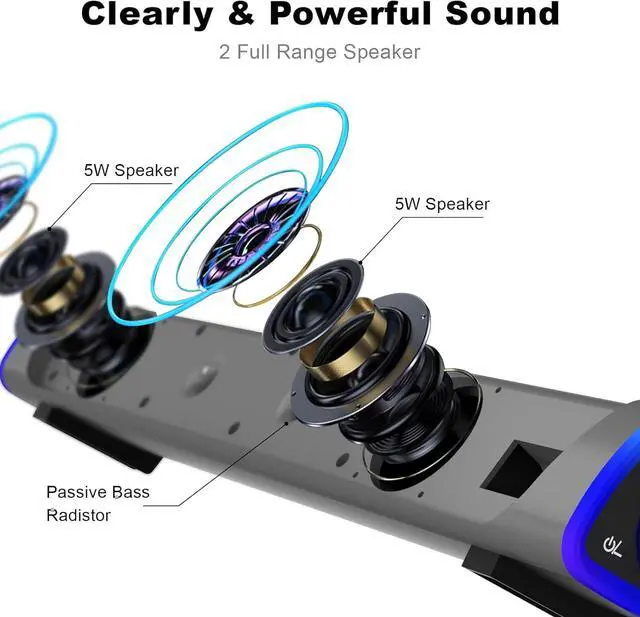 Alt view image 3 of 7 - SOULION R30 Computer Speakers, Colorful LED Lights with Switch Button, Surround Sound Portable Computer Sound Bar Speakers for Desktop, Gray