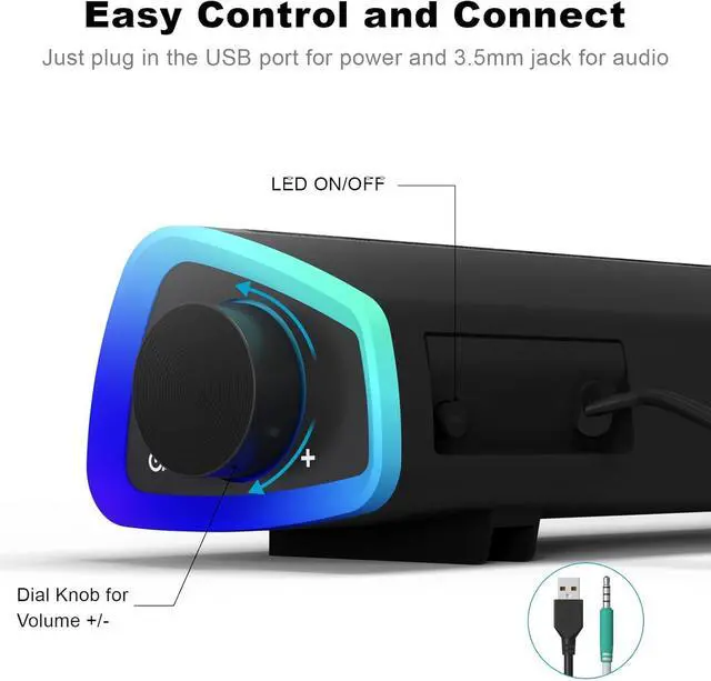 Alt view image 5 of 7 - SOULION R30 Computer Speakers, Colorful LED Lights with Switch Button, Surround Sound Portable Computer Sound Bar Speakers for Desktop, Gray