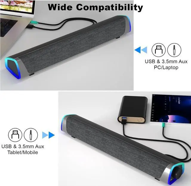 Alt view image 6 of 7 - SOULION R30 Computer Speakers, Colorful LED Lights with Switch Button, Surround Sound Portable Computer Sound Bar Speakers for Desktop, Gray