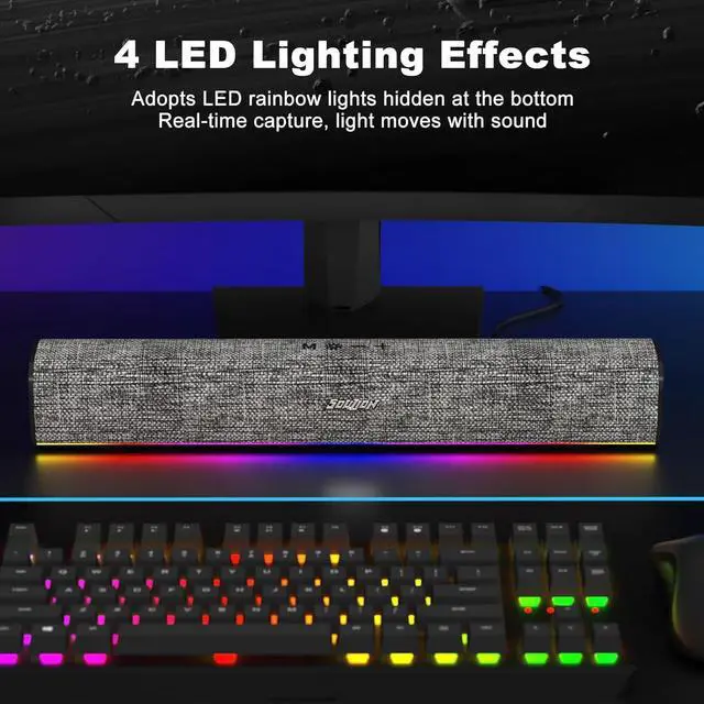 Alt view image 2 of 7 - SOULION R100 Bluetooth Computer Speakers with Dynamic LED Light, USB Plug & Play PC Speakers with Switch Button, Clearly Sound Soundbar for Desktop Laptop Monitor(USB-C to USB Adapter Included)