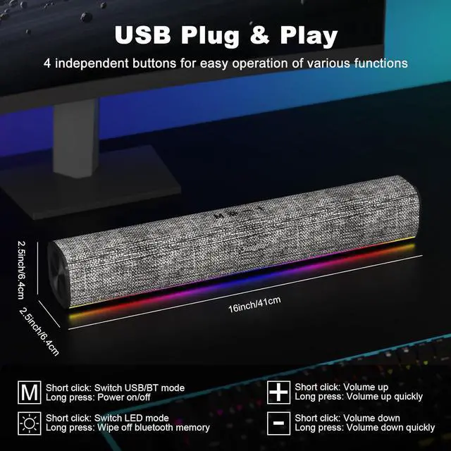 Alt view image 4 of 7 - SOULION R100 Bluetooth Computer Speakers with Dynamic LED Light, USB Plug & Play PC Speakers with Switch Button, Clearly Sound Soundbar for Desktop Laptop Monitor(USB-C to USB Adapter Included)