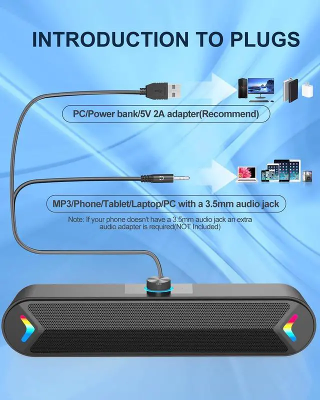 Alt view image 4 of 6 - LENRUE Computer Speakers,Wired USB-Powered Sound-bar with 10W Stereo Sound for PC Desktop,Plug-n-Play (A39PRO /Black)