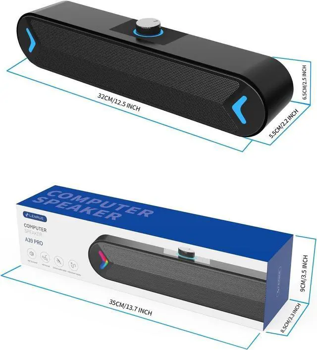 Alt view image 6 of 6 - LENRUE Computer Speakers,Wired USB-Powered Sound-bar with 10W Stereo Sound for PC Desktop,Plug-n-Play (A39PRO /Black)