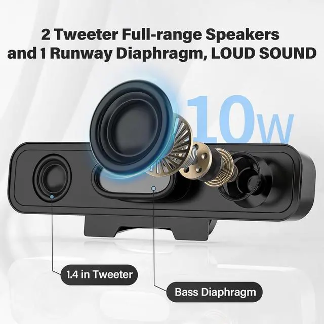 Alt view image 2 of 7 - Computer Speakers for Desktop Pc, Monitor Speakers for Laptop,Pc Speakers with Loud Sound,Volume Control Easily Clamps to Monitors(USB-C to USB Adapter Included) (Black)