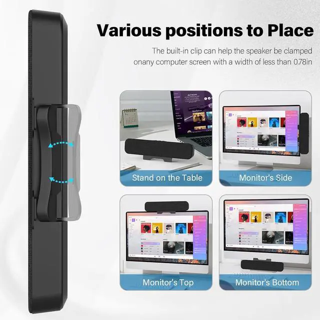 Alt view image 3 of 7 - Computer Speakers for Desktop Pc, Monitor Speakers for Laptop,Pc Speakers with Loud Sound,Volume Control Easily Clamps to Monitors(USB-C to USB Adapter Included) (Black)