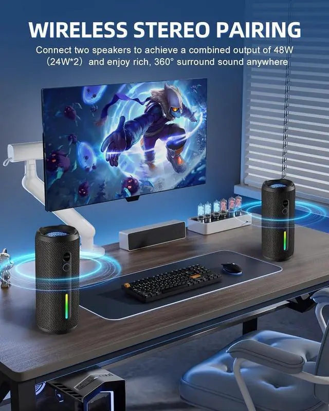Alt view image 4 of 7 - OHAYO Portable Bluetooth Speaker, Wireless Bass Speaker with 24W Loud Sound, IPX7 Waterproof, Bluetooth 5.3, RGB Lights, AUX&TF-Card, Stereo Pairing, Gift Ideas for Home/Outdoor/Party