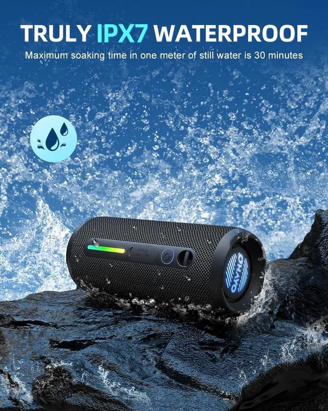 Alt view image 3 of 7 - OHAYO Portable Bluetooth Speaker, Wireless Bass Speaker with 24W Loud Sound, IPX7 Waterproof, Bluetooth 5.3, RGB Lights, AUX&TF-Card, Stereo Pairing, Gift Ideas for Home/Outdoor/Party