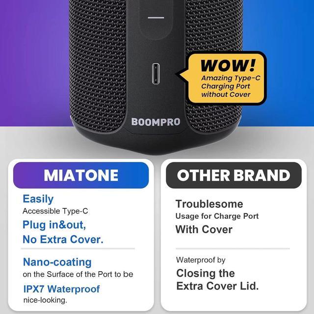 Alt view image 7 of 7 - MIATONE Bluetooth Speakers 36W Portable Speaker with Stereo Sound Bass, Bluetooth 5.3 Wireless USB Type C Outdoor, 5000mAh 16H Playtime IPX7 Waterproof, Color Lights Speaker (Black)