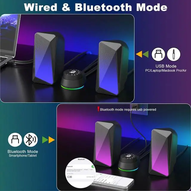 Alt view image 5 of 7 - SOULION 2.0 Computer Speakers, USB Powered & 3.5 mm AUX Bluetooth Speakers for Desktop Monitor, LED Flame Lights & Easy-Control Pod, Gaming Speakers for Laptop Tablet Phone - Black