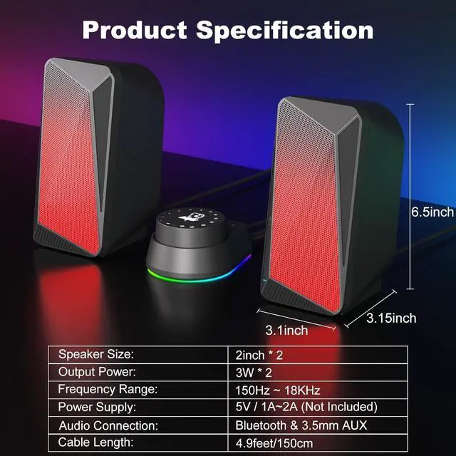 Alt view image 6 of 7 - SOULION 2.0 Computer Speakers, USB Powered & 3.5 mm AUX Bluetooth Speakers for Desktop Monitor, LED Flame Lights & Easy-Control Pod, Gaming Speakers for Laptop Tablet Phone - Black