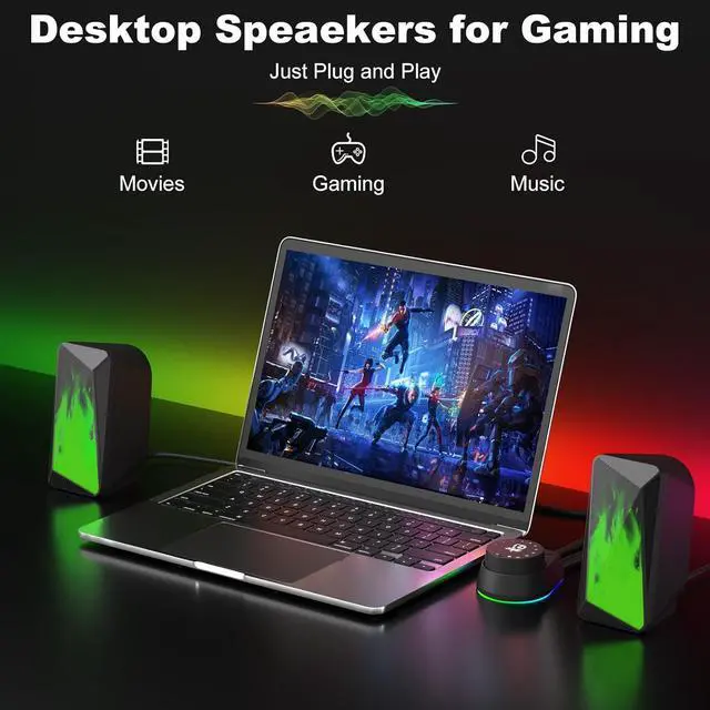 Alt view image 7 of 7 - SOULION 2.0 Computer Speakers, USB Powered & 3.5 mm AUX Bluetooth Speakers for Desktop Monitor, LED Flame Lights & Easy-Control Pod, Gaming Speakers for Laptop Tablet Phone - Black