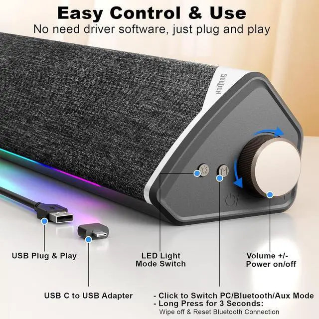 Alt view image 3 of 7 - SOULION R60 Bluetooth Computer Speakers, USB Plug-N-Play PC Speakers with LED Dynamic Light, Surround Sound Soundbar Speaker with Rotary Switch for Desktop Laptop (USB-C to USB Adapter Included)