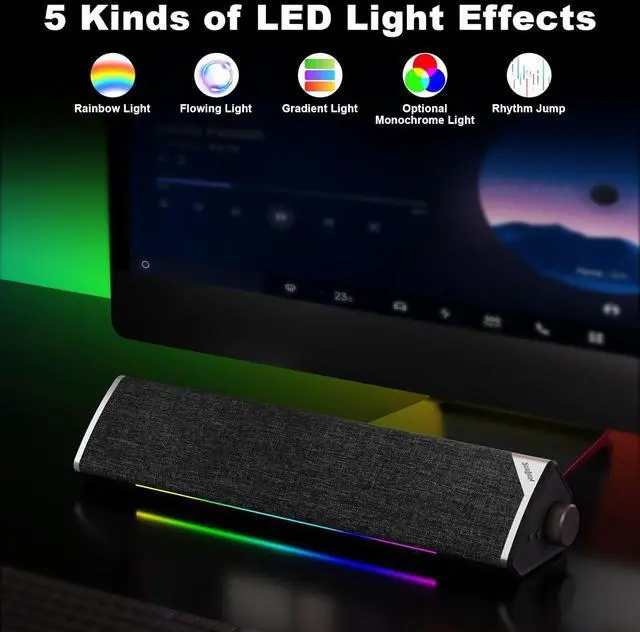 Alt view image 4 of 7 - SOULION R60 Bluetooth Computer Speakers, USB Plug-N-Play PC Speakers with LED Dynamic Light, Surround Sound Soundbar Speaker with Rotary Switch for Desktop Laptop (USB-C to USB Adapter Included)