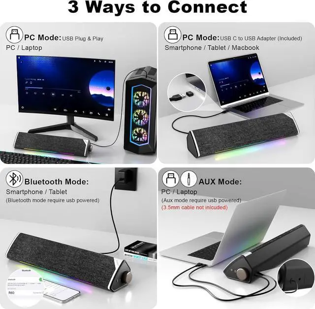 Alt view image 5 of 7 - SOULION R60 Bluetooth Computer Speakers, USB Plug-N-Play PC Speakers with LED Dynamic Light, Surround Sound Soundbar Speaker with Rotary Switch for Desktop Laptop (USB-C to USB Adapter Included)