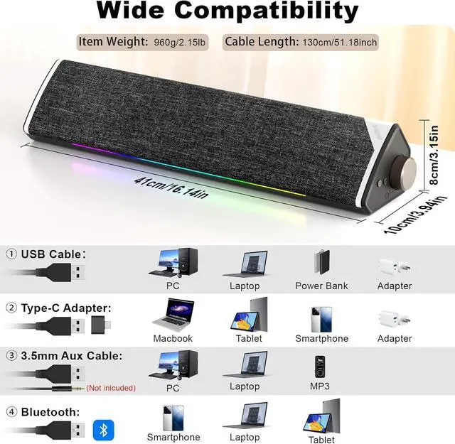 Alt view image 6 of 7 - SOULION R60 Bluetooth Computer Speakers, USB Plug-N-Play PC Speakers with LED Dynamic Light, Surround Sound Soundbar Speaker with Rotary Switch for Desktop Laptop (USB-C to USB Adapter Included)