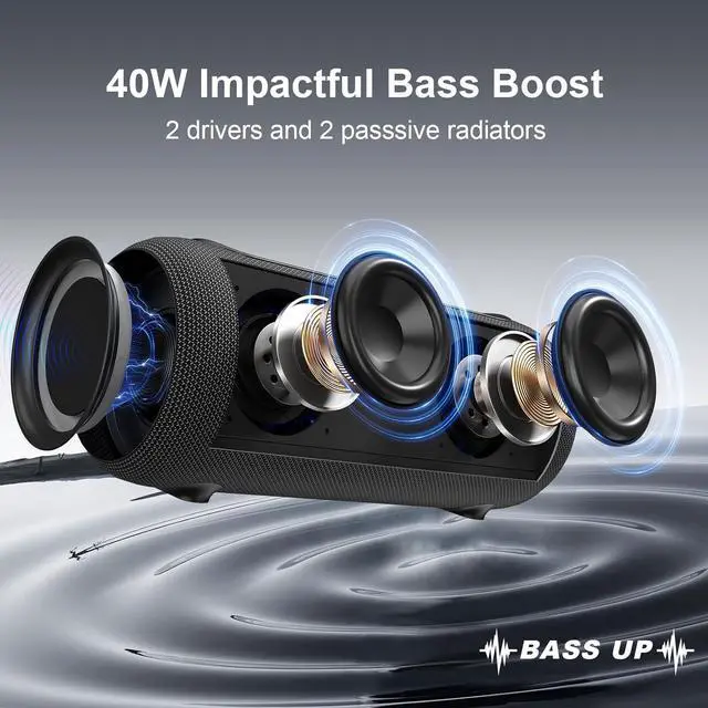 Alt view image 2 of 7 - Passau Portable Bluetooth Speakers Loud 40W Peak Stereo Sound, Passive Radiators-Deep Bass, All Day Playtime, Adjustable Strap, BT5.3, IPX5 Wireless Speaker RGB Lights for Indoor Outdoor