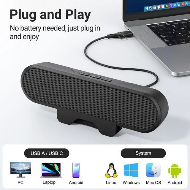 Alt view image 4 of 7 - Inwa Computer Speakers for Desktop PC, USB Monitor Speaker Bar with Clip-On, Wired Desk Speakers with HD Stereo Loud Sound, Laptop Speaker Mini Sound Bar, Easily Clamps to Monitor