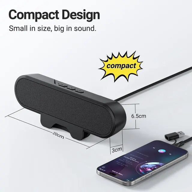 Alt view image 6 of 7 - Inwa Computer Speakers for Desktop PC, USB Monitor Speaker Bar with Clip-On, Wired Desk Speakers with HD Stereo Loud Sound, Laptop Speaker Mini Sound Bar, Easily Clamps to Monitor
