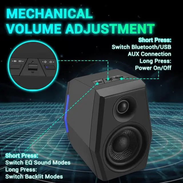 Alt view image 5 of 7 - SW209 36W Computer Gaming PC Speakers - 2.75" Fiberglass Woofer and Silk Dome Tweeter - Built-in 24bit DAC Dynamic 3D Surround Sound - Bluetooth 5.2 USB 3.5mm Aux Inputs - RGB Light - Black