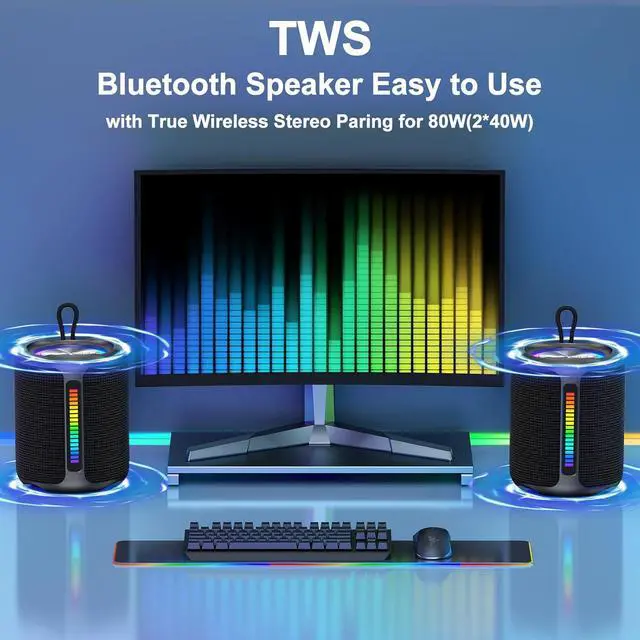 Alt view image 5 of 7 - PoP voice Portable Wireless Bluetooth Speaker,40W(50W) Peak Stereo Sound Shower Speaker,IPX7 Waterproof Speaker with Deep Bass,RGB Light,Preset EQ,TWS,for Home/Camping/Gifts, BT5.3 Speaker,Up to 24H