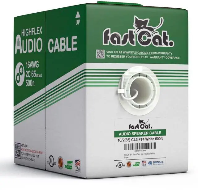 Main image of fast Cat. Speaker Wire 16 Guage 2C, UL Listed & CMR/CL3R-FT4 Rated - Speaker Cable w/PVC Jacket, 100% Oxygen-Free Pure Bare Copper - (65) HighFlex 16 Guage Wire - in-Wall Use-500ft Bulk Cable, White